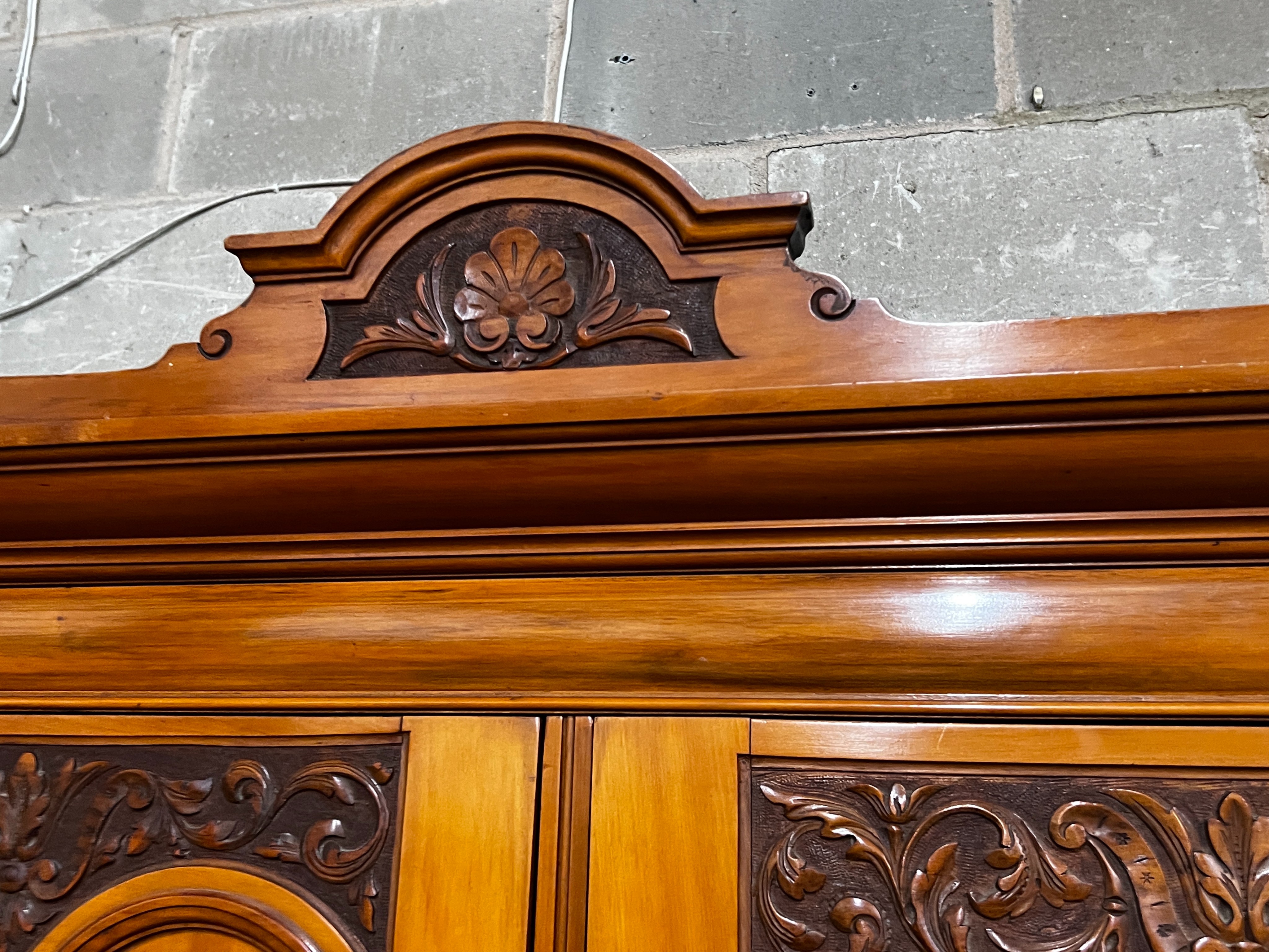 A late Victorian satin walnut and burr elm two door mirrored wardrobe, width 130cm, depth 50cm, height 210cm